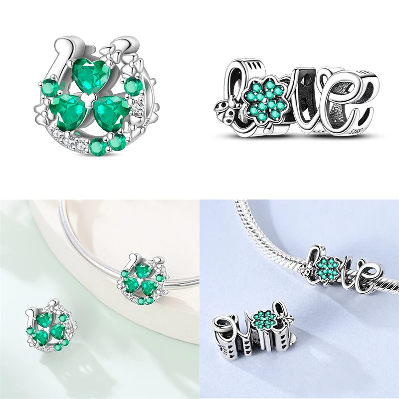 

New 925 Sterling Silver Lucky Green Four Leaf Clover Heart Shaped Zircon Charms Beads Fit Original Bracelet DIY Jewelry Gift