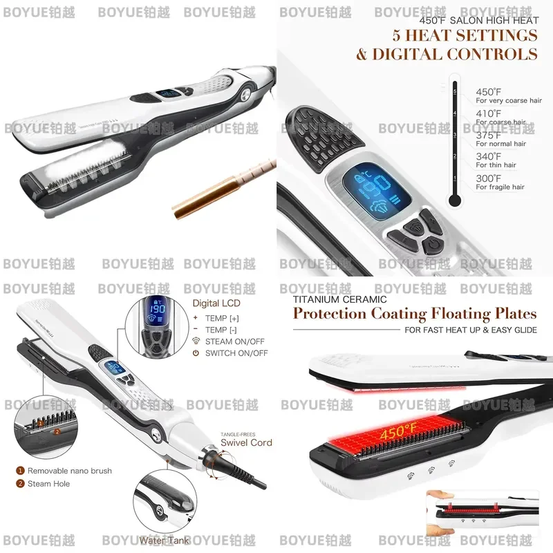 Professional Hair Straightener Heating Hot Hair Combs Dual Voltage Titanium Curling Iron Steam Flat Iron Hair Wide Plates view 2