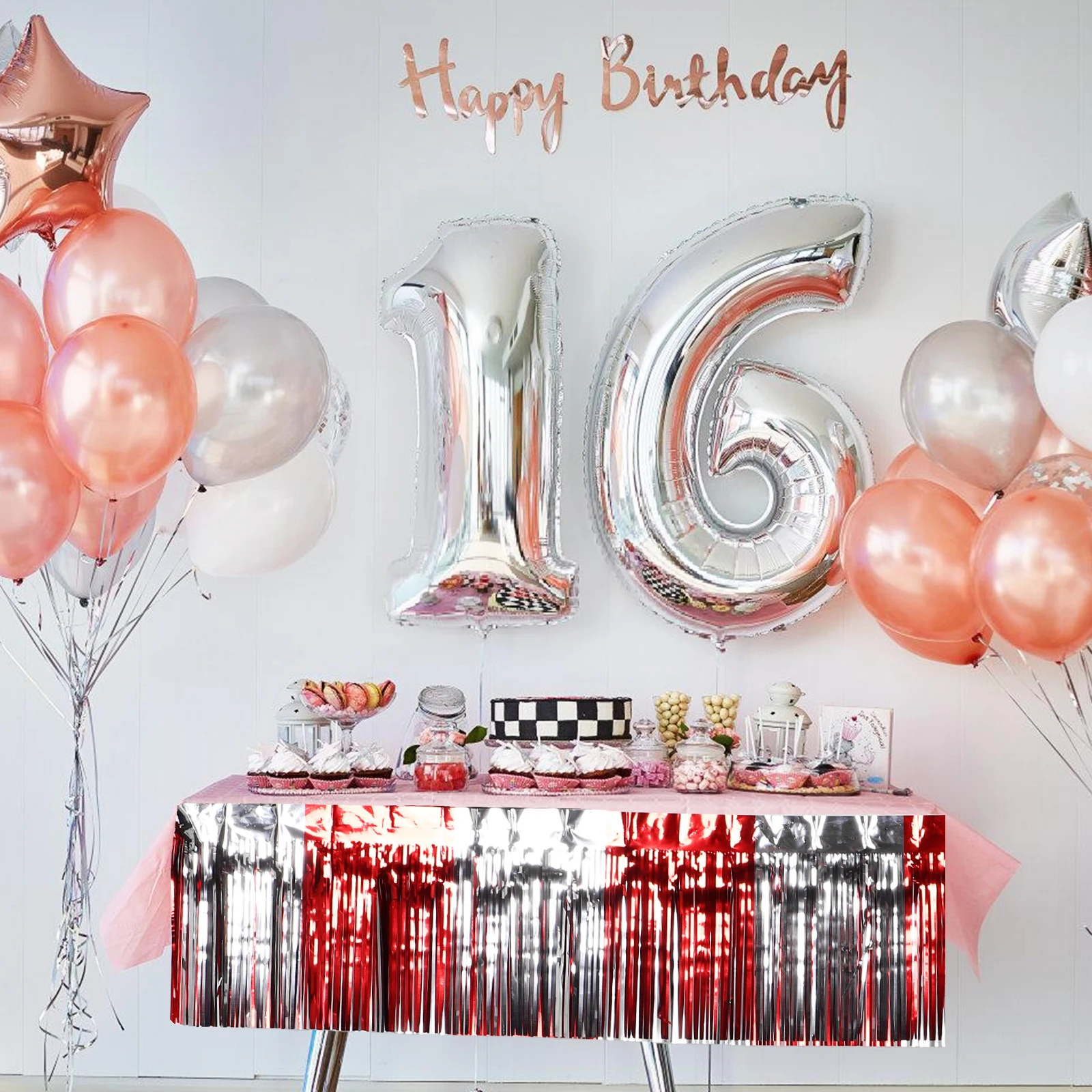 6개 레드 포일 프린지 커튼 배경막 두꺼운 실크 틴셀 스트리머 생일 웨딩 파티 포토 부스 카니발 장식용