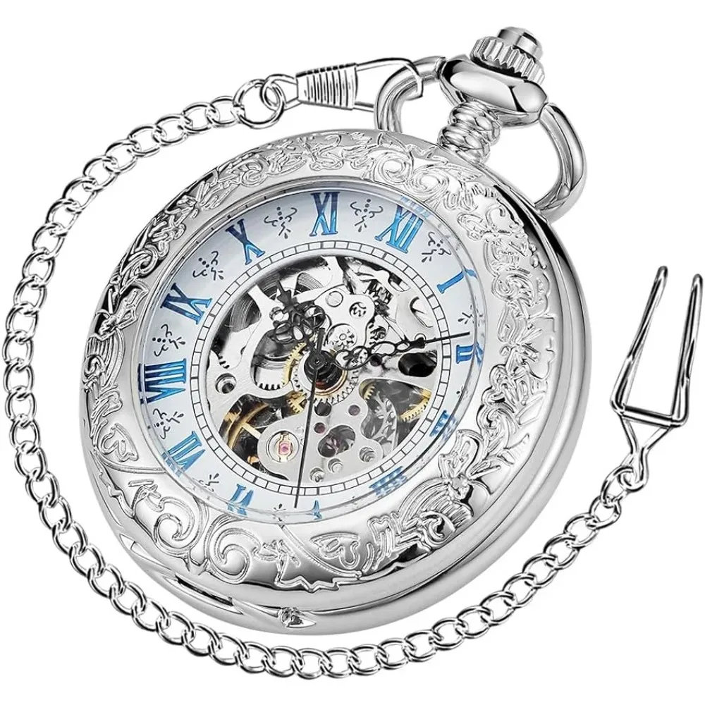 

Steampunk Pocket Watch With Chain Skeleton Mechanical Hand Winding Half Hunter Silver Black Case Roman Numerals reloj hombre