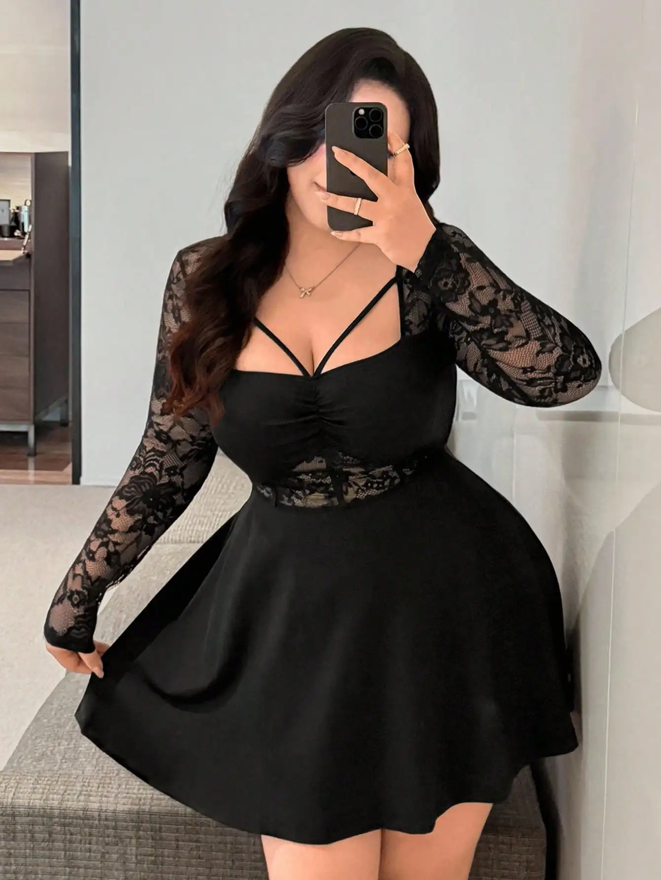 

Black Lace Patchwork A-Line Dress with Long Sleeves and Ruched Bust