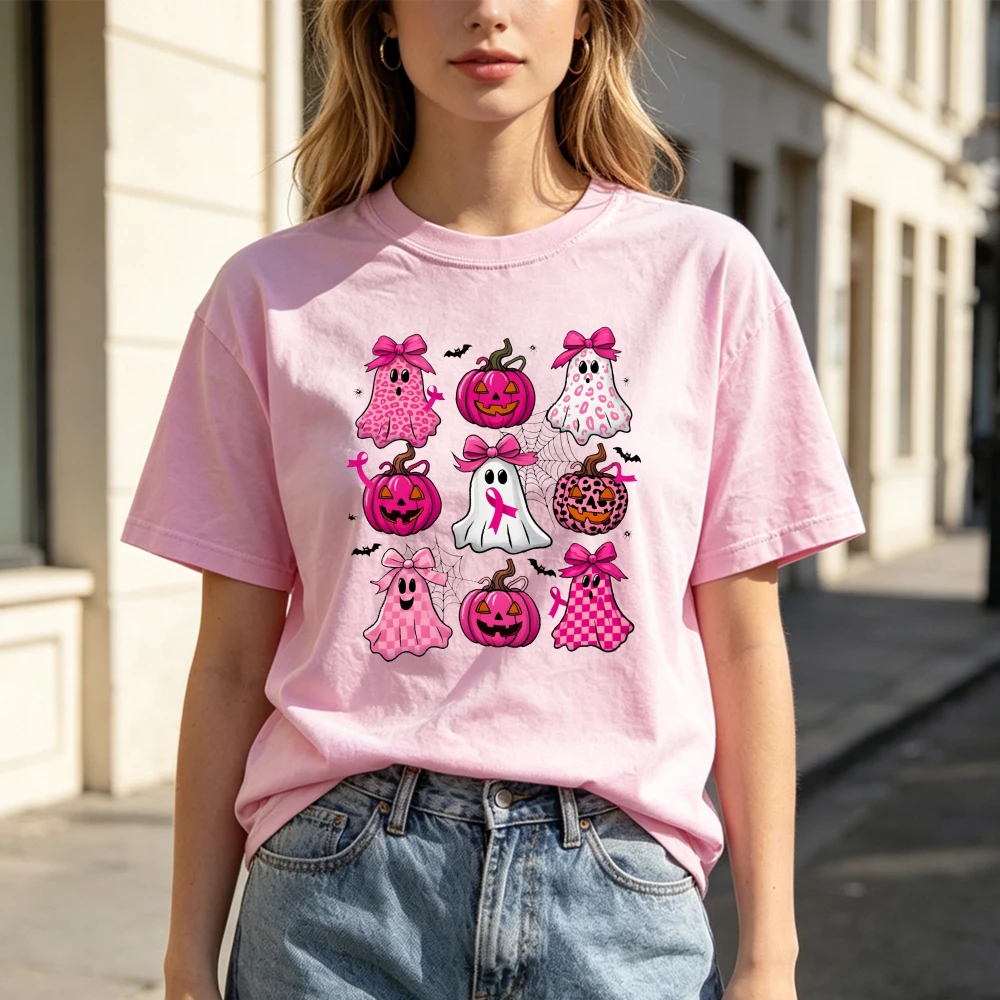 Spooky Bow Ghost Pumpkin Pink Halloween Collage Ladies Autumn Tee Fall‑season Vibe Breast Cancer Support Token Women Clothing
