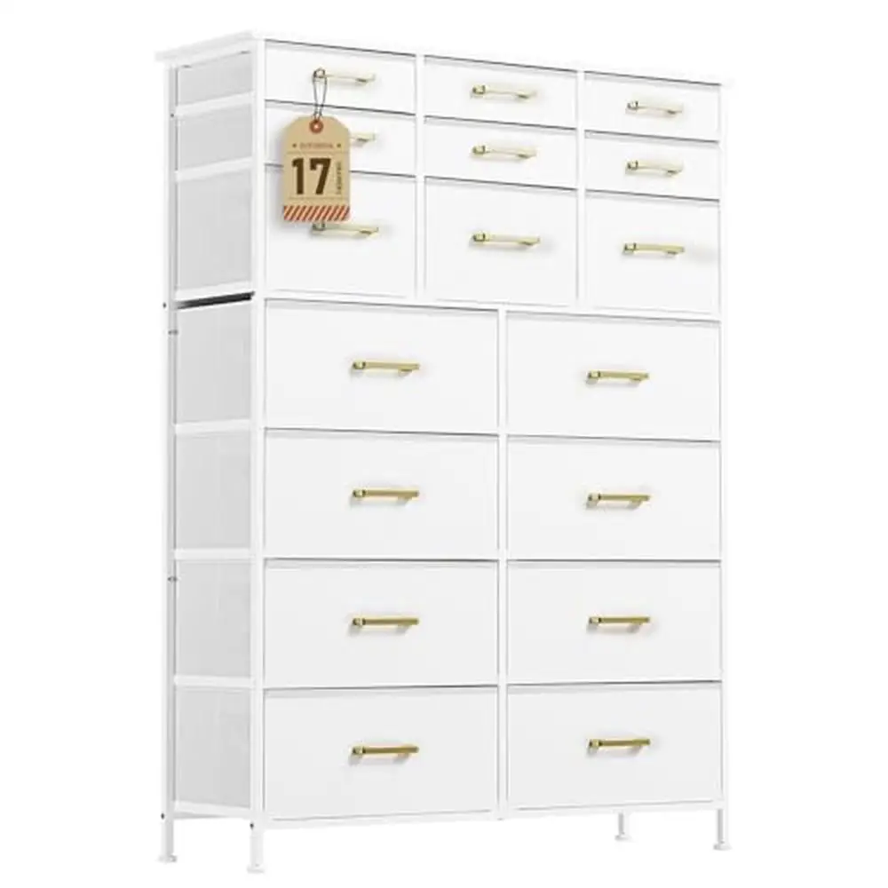 Tall 17 Drawers White Dresser Bedroom Chest of Drawers Faux Leather Front Metal Frame Modern Style Easy Assemble Stable Support