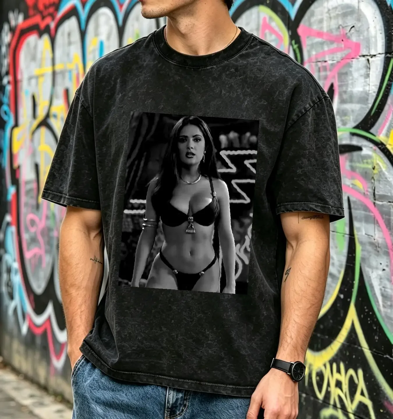 washed T Shirt Salma Hayek 90s dusk till dawn vintage kill Tony Heavy Cotton long or short sleeves vintage Washed homme