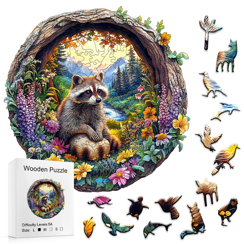 Wooden Puzzle for Adults - Raccoon & Forest Animals Jigsaw Puzzle, Unique Irregular Shapes, 4-6 Hours Assembly Time, Eco-Friendl
