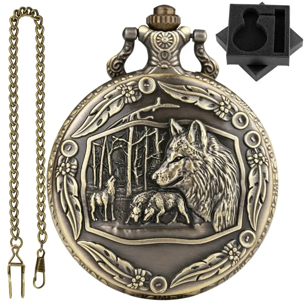 Retro Bronze Forest Wolves Engraved Full Hunter Quartz Pocket Watch with Chain Unique Gift for Wolf Lovers & Collectors