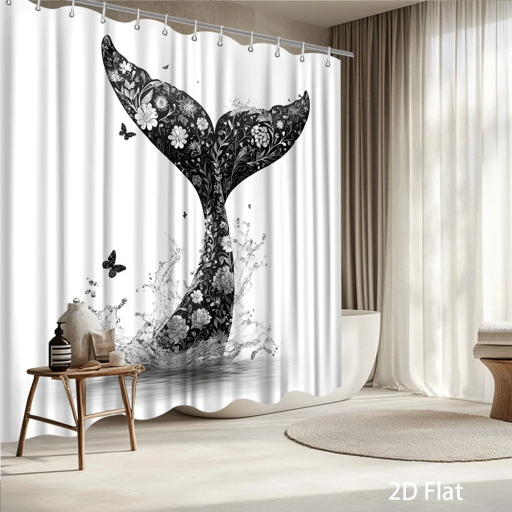 

Занавеска для душа с принтом «Китовый хвост» – черно-белый цветочный узор, брызги воды и бабочки, износостойкий полиэстер, 12 крючков