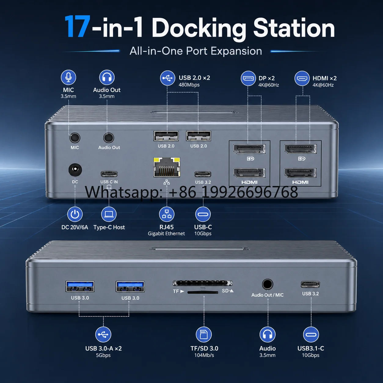 17in1 USBC Docking Station,Quad Display 4K*60Hz(2HDMI+2DP),Full-Feature TypeC,10Gbps Data,Gigabit Ethernet,DC Power for Laptop