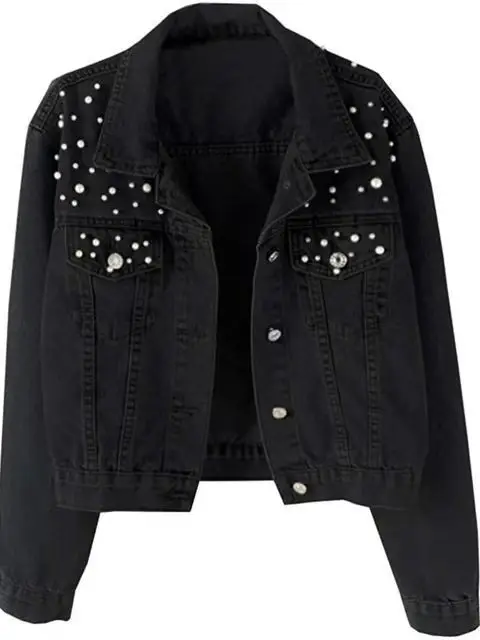 

Faionable Beaded Denim Jaet Women's Versatile ort Coat Polyester Fiber Stand Fit Long Sve Button Closure Casual Wear