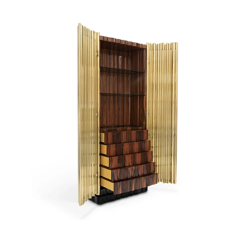 Modern  Wine Cabinet with Gold Stainless Steel Frame Black Glass Feet Living Room Bar Display Storage Metal Cabinet