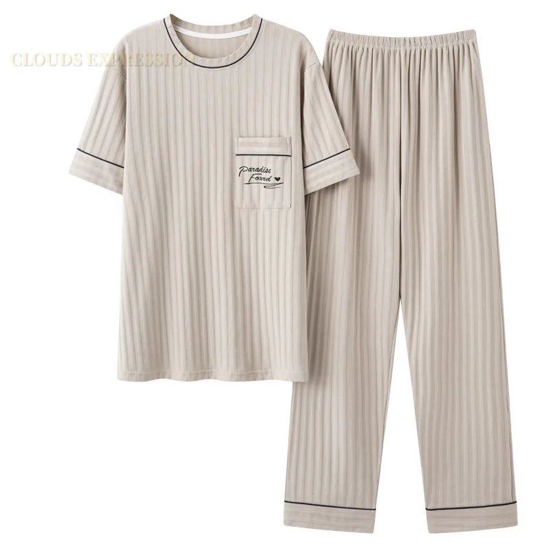 L-5XL Summer Elegant Men Pyjamas Knited Cotton Pajamas Set Long Pant Sleepwear Pyjamas Night Suits Pijamas Plus Size Homewear PJ