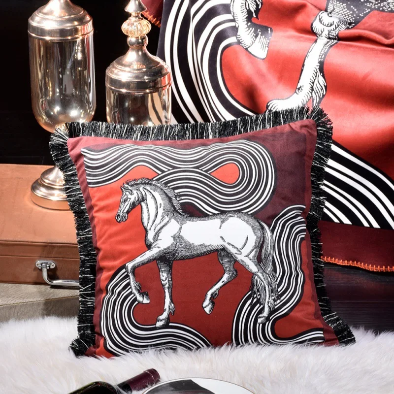 Double-sided Rainbow Horse Paris Style Cushion Covers With Tassels Soft Velvet Modern Decorative Throw Pillow Case For Sofa Bed