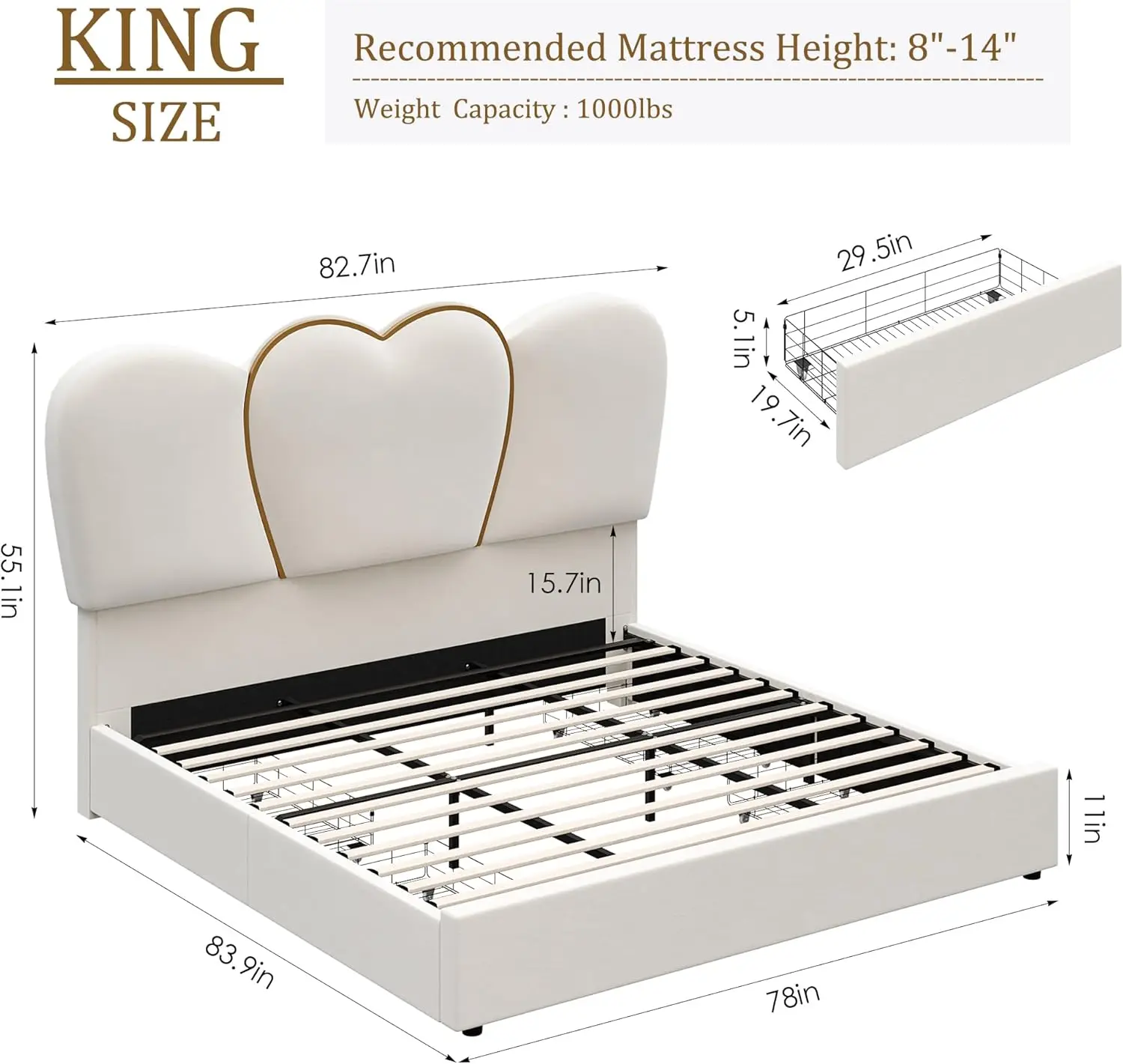 King LED Bed Frame with 4 Storage Drawers, Modern Velvet Upholstered Platform Bed with 55