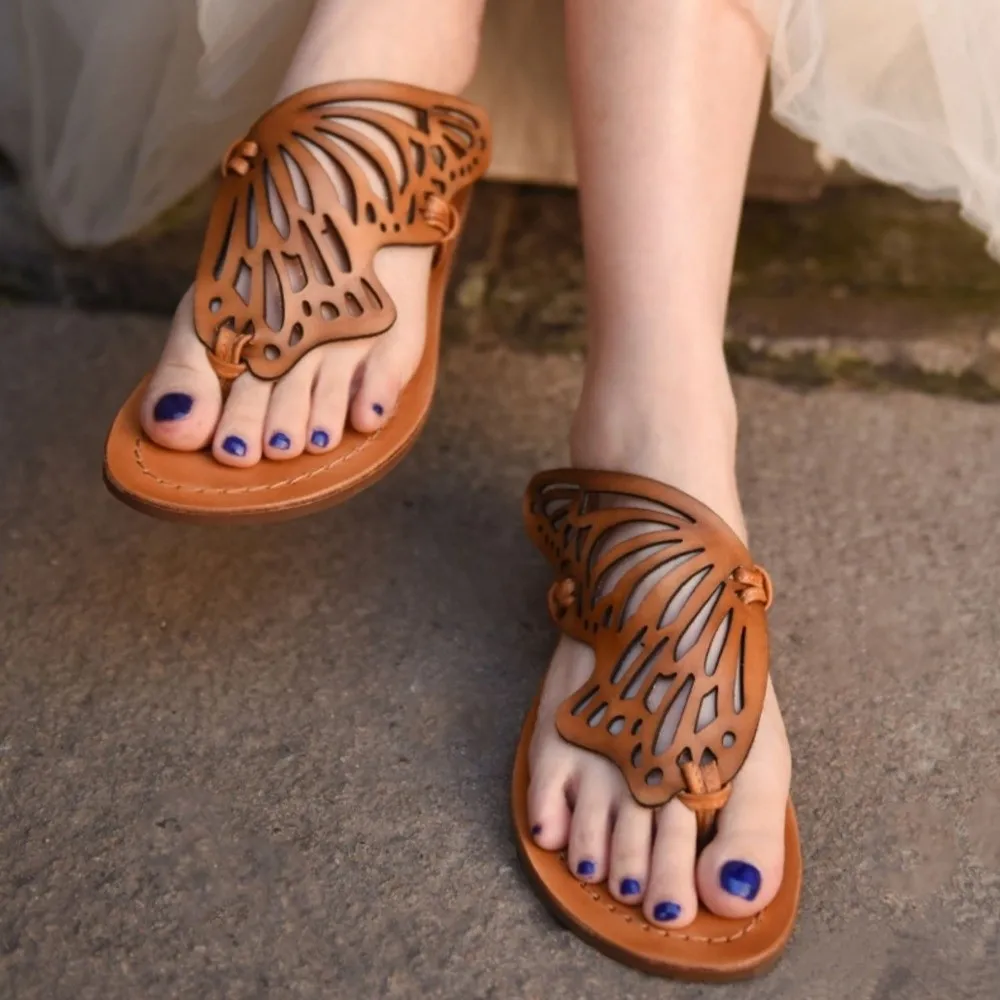 

Ретро праздничные шлепанцы с бабочками, Нескользящие водонепроницаемые приморские сандалии, обувь на плоской подошве, пляжные тапочки для отдыха на открытом воздухе