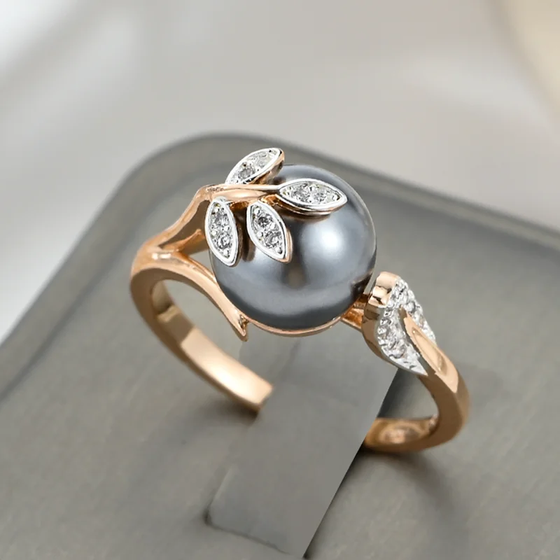 Wbmqda Graue Perle Damenringe 585er Roségold Farbe Luxus Hochzeit Zirkon Schmuck Geschenke