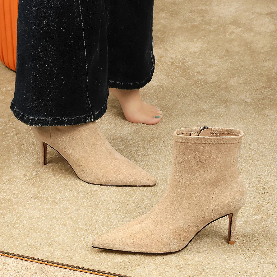 

Faux Suede Ankle Boots Woman Designer High Heels Shoes Zip Pointed toe Modern Boot Fashion Short Boot Sexy Pump Black Aprioct