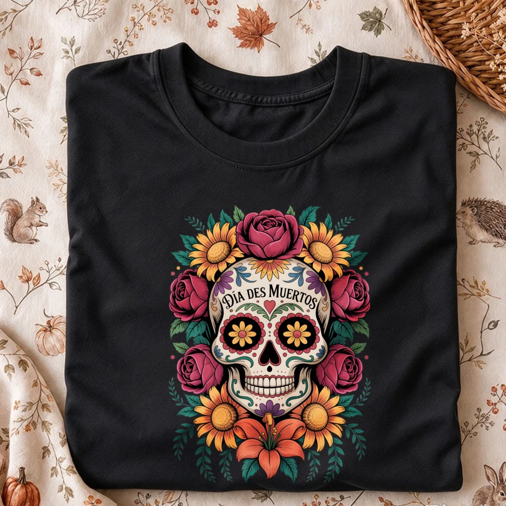 Dia de los Muertos Sugar Skull Printing Tshirt Floral Mexican Skull Art Cotton Tee Fashion Unisex Retro Hippie Boho Style Tshirt