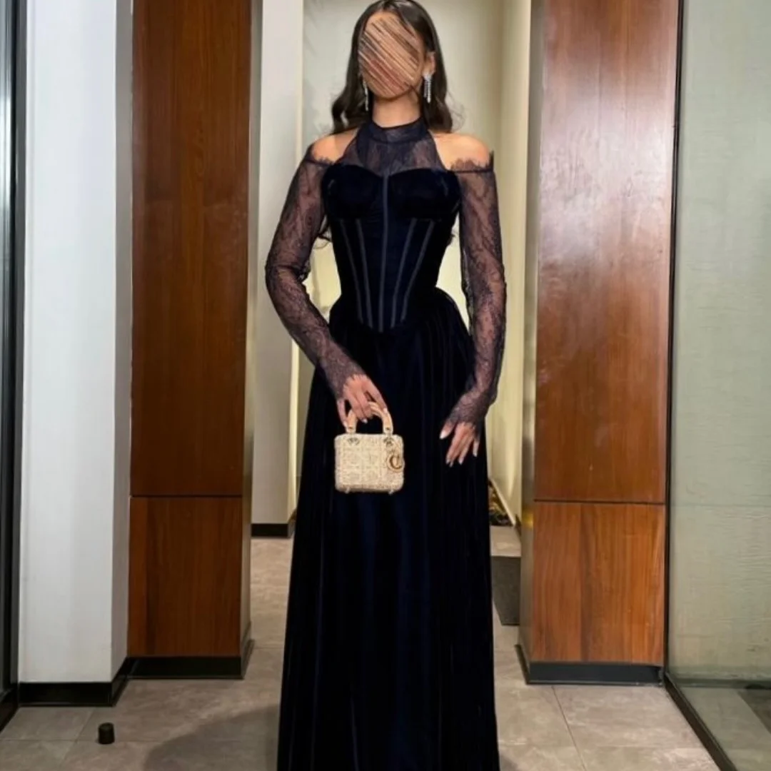 New Design O Neck Embroidery Illusion Off The Shoulder Fishbone Slim Draped Velvet Corset A Line Evening Prom Formal Party Dress