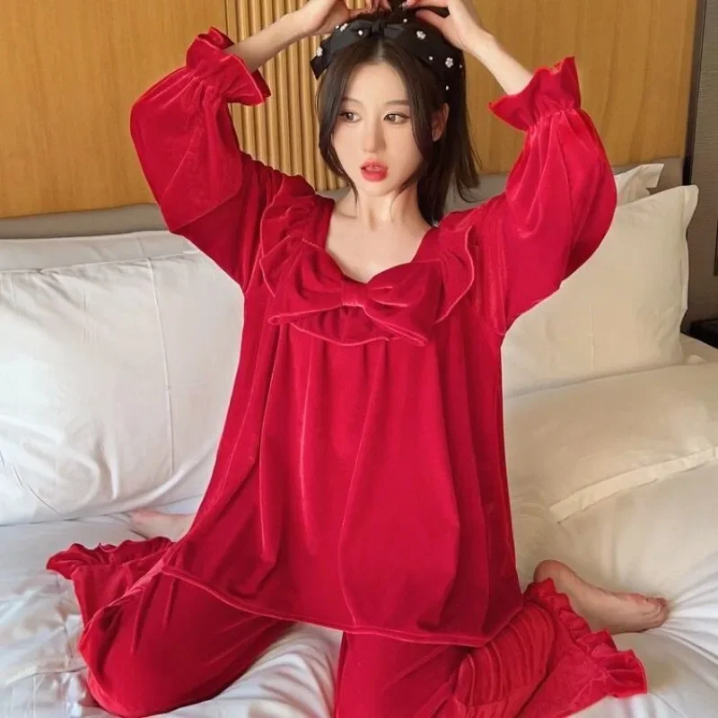 Female Spring and Autumn Long Sleeve Two-piece Suit Bow Cute Sweet Loungewear Loose Increase Large Size 200 Kg Canary Pyjamas