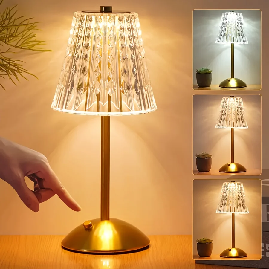 1PC Modern Crystal Table Lamp with Brass Base, Geometric Pattern Acrylic Shade Bedside Lamp for Bedroom Living Room