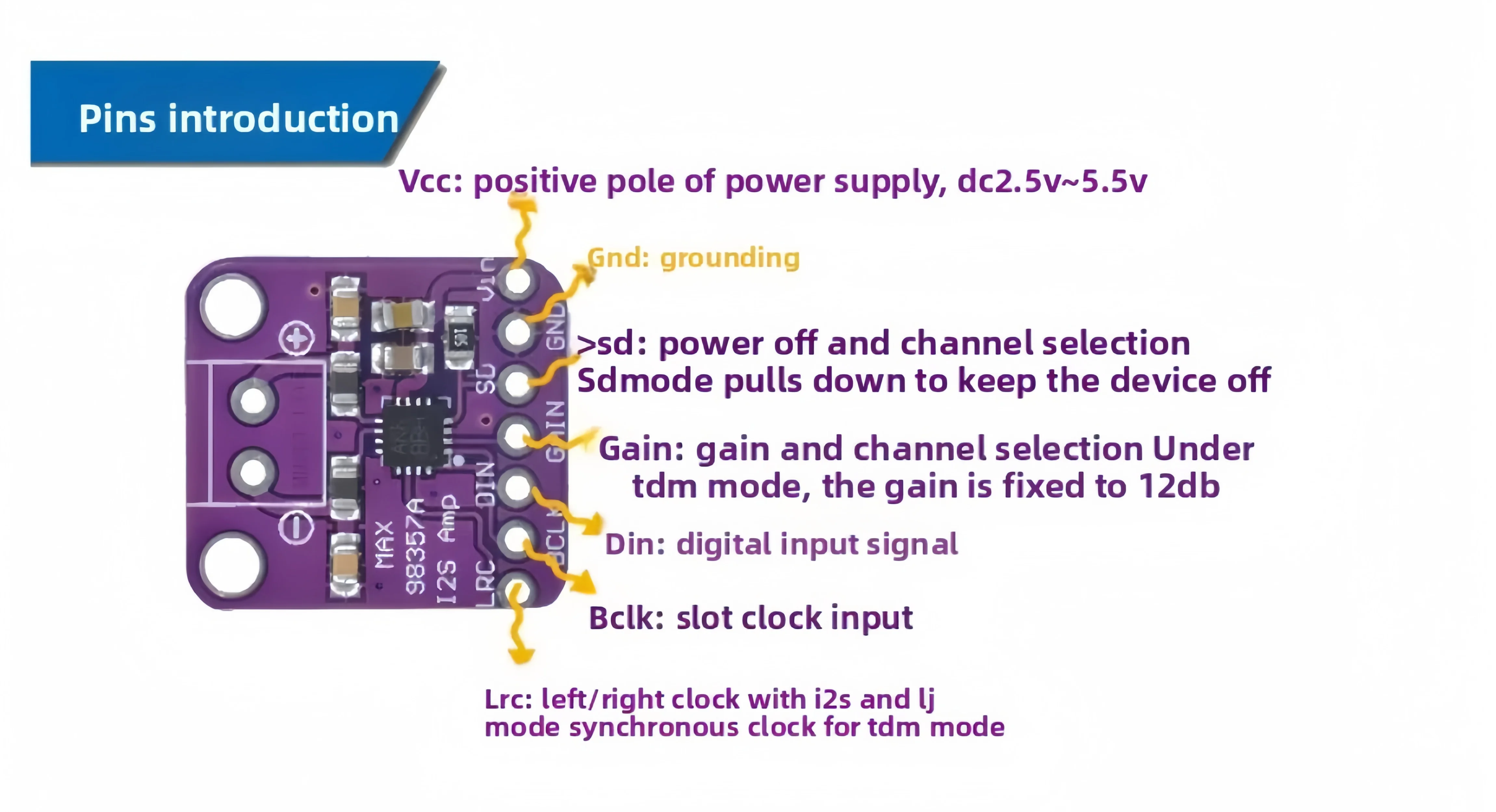 MAX98357 I2S Audio-Verstärkermodul / Filterloser Class-D-Verstärker, unterstützt ESP32, Raspberry Pi – Detail 5