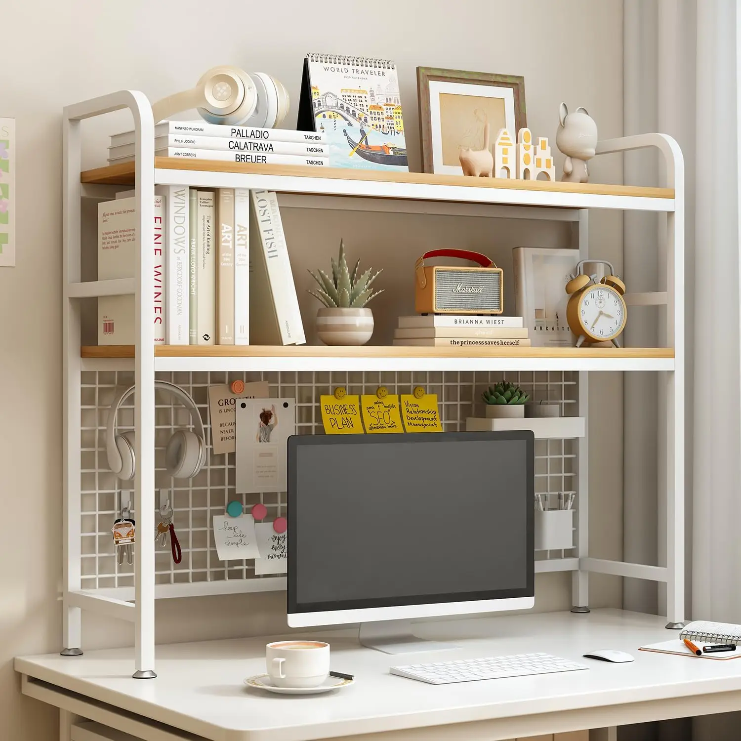 

White Grid Panel Metal Desk Shelf Bookcase Countertop Storage Organizer Rack Dorm Office