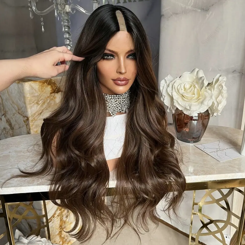 28inch Long Wavy Human Hair 1x4 Size U Part Wigs for Black Women Chocolate Brown Ombre Glueless V Part Wig with Clips Adjustable