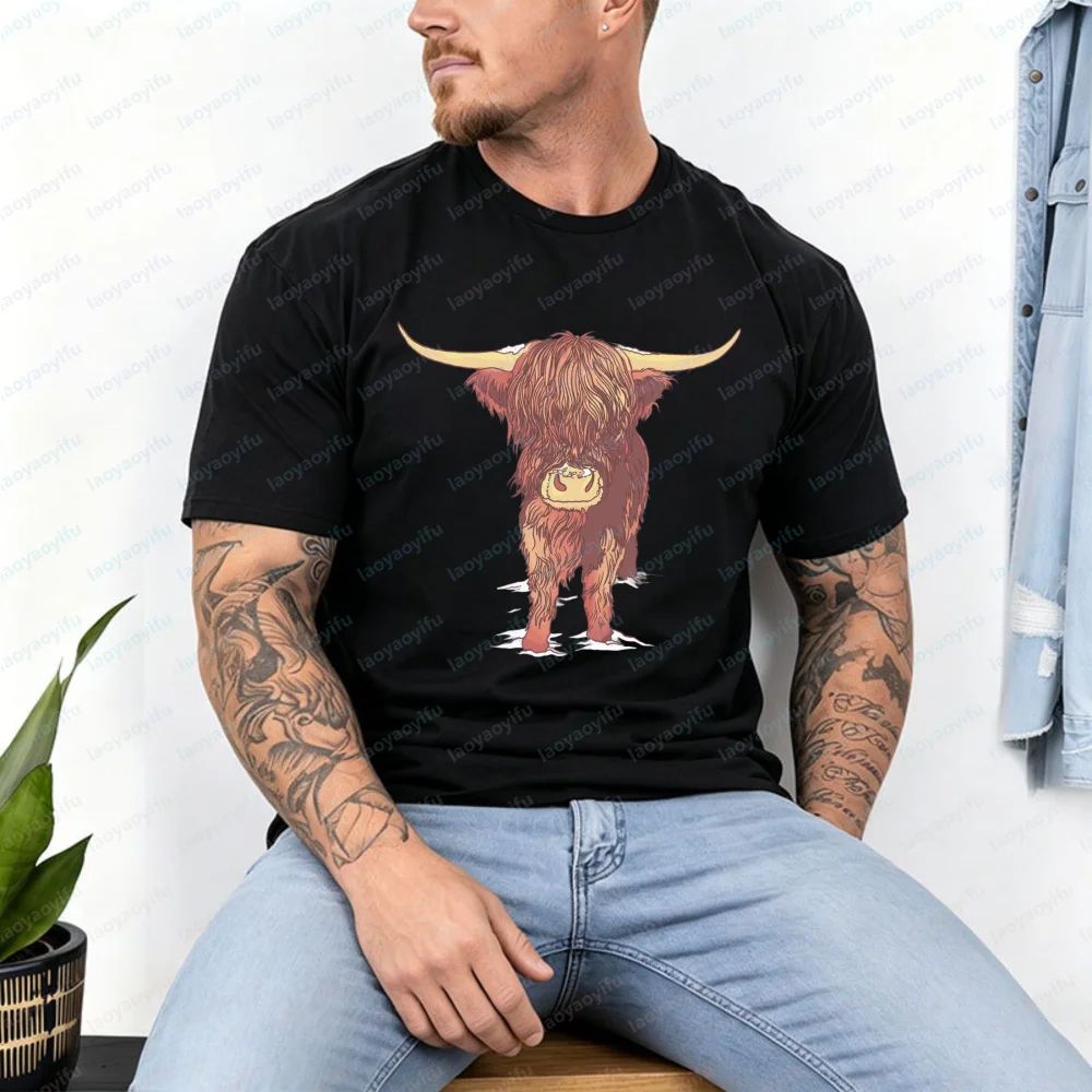 Highland Cattle Cow Scotland Scottish Men's T-Shirt High Quality Cotton Short-sleeve Tees Animal Lover Casual Streetwear Top
