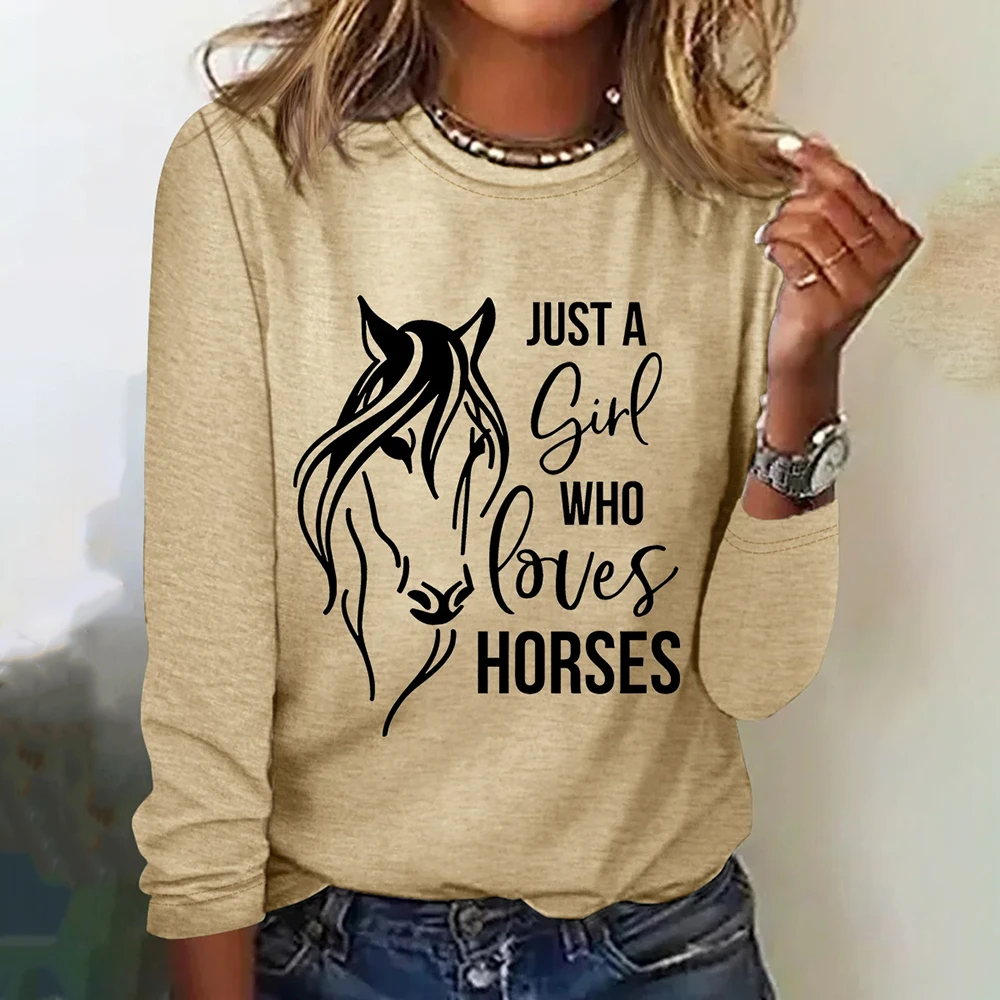 Horse Sketch Pattern Women's T-shirts Designer Fashion Long Sleeves T shirt Autumn Trend New O-neck Tops Casual Loose Pullover