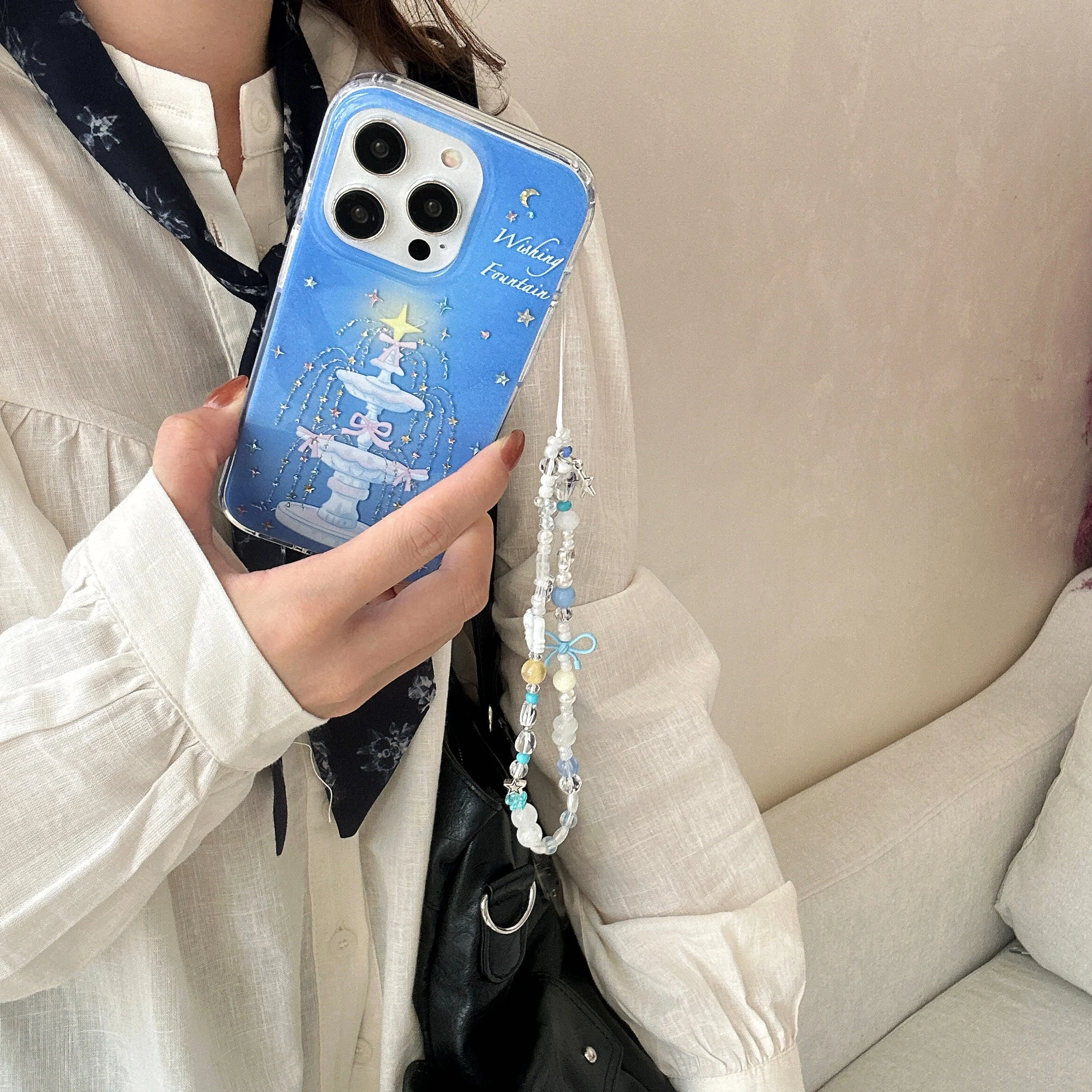 Ins souhaitant fontaine étoiles perle chaîne fond bleu coque de téléphone pour iPhone 16 15 14 13 Pro Max couverture arrière fonds