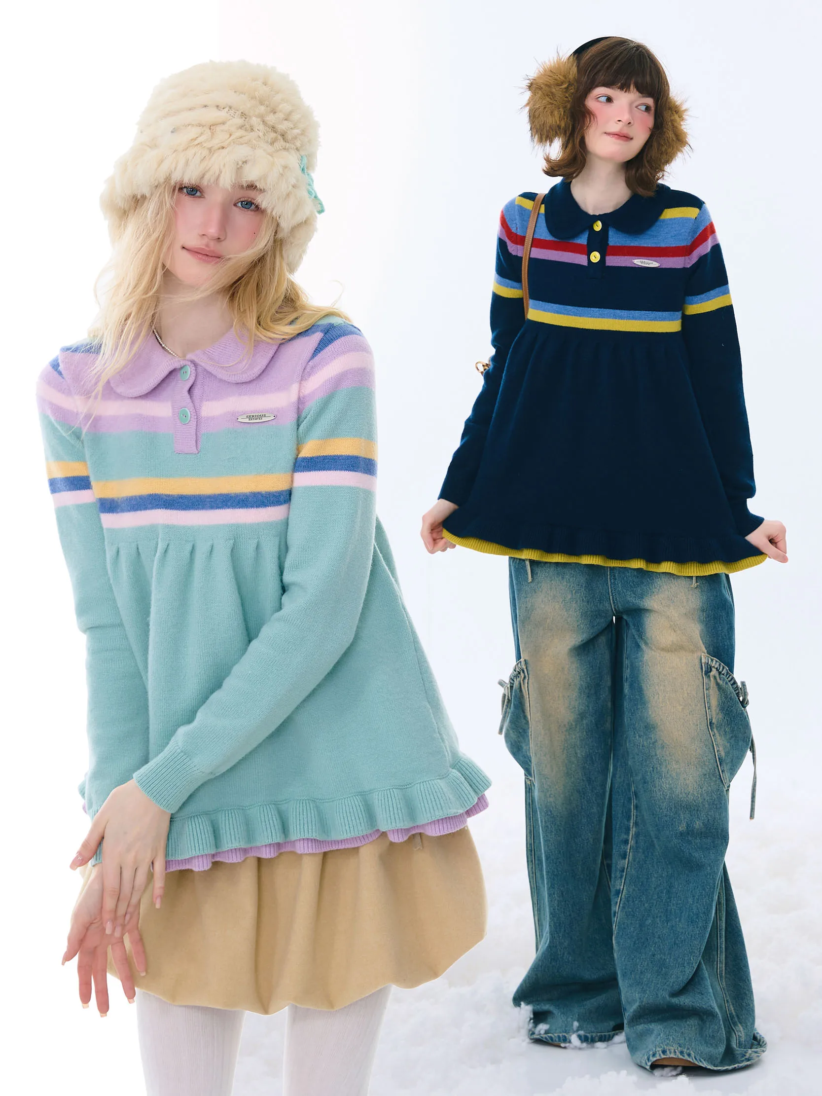 

ZiziFei Осенне-зимний женский свитер в американском ретро-стиле с воротником-куклой, цветными полосками, оборками по низу, свободного кроя