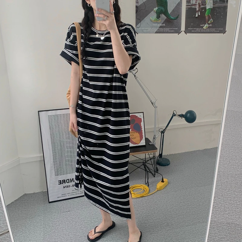 Summer Casual Stripe Maternity Dress Knee-Length Short-Sleeve Midi Dress Loose Comfortable Versatile T-Shirt Dress for Pregna...