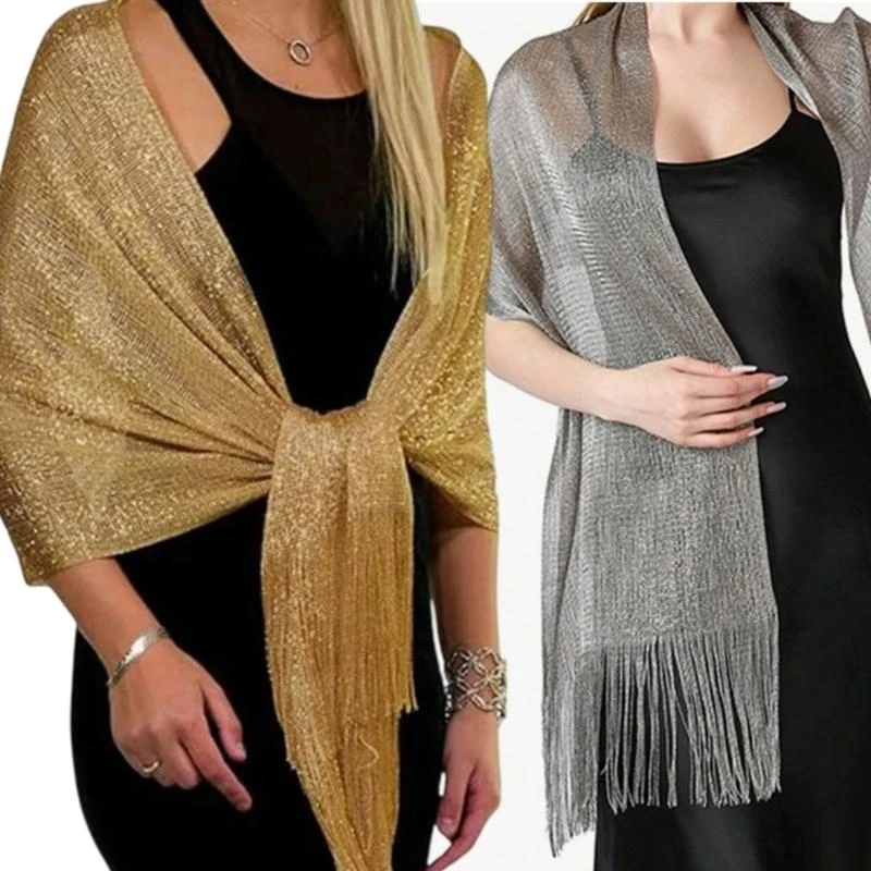 A52E Women Evening Dress Stole Shining Silver Shawl Wrap Perfect For Bride Wedding Party Shoulder Wrap All Matching Accessory