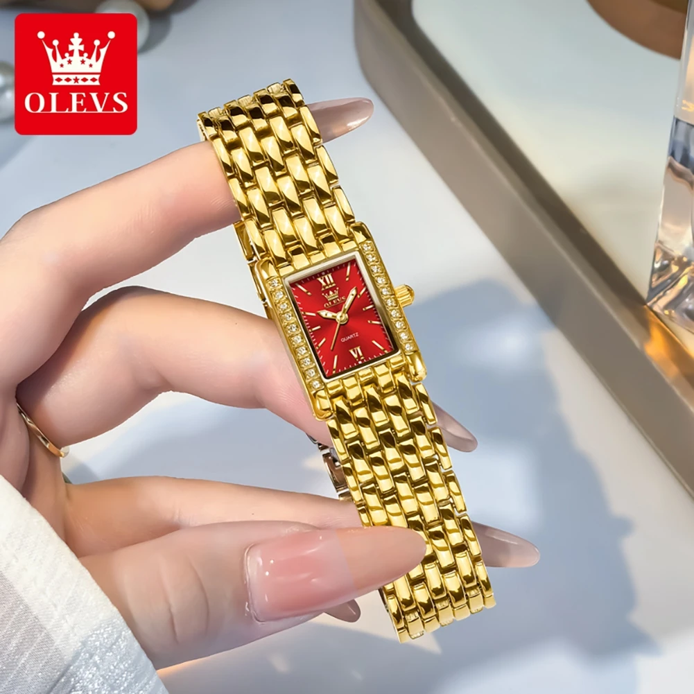 OLEVS Original Women Watches Gold Red Square Quartz Watch Waterproof Stainless Steel Watches For Woman Diamond Bezel Clock
