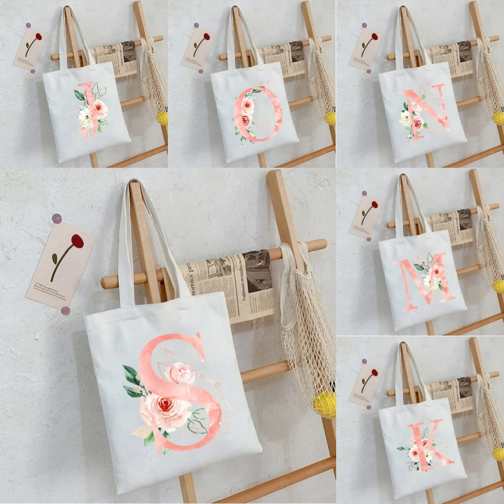 Watercolor Monogram Initial Floral Canvas Tote Bag, Pink Flower Letter Print Reusable Shoulder Bag, Handbag for Bridesmaid, Gift