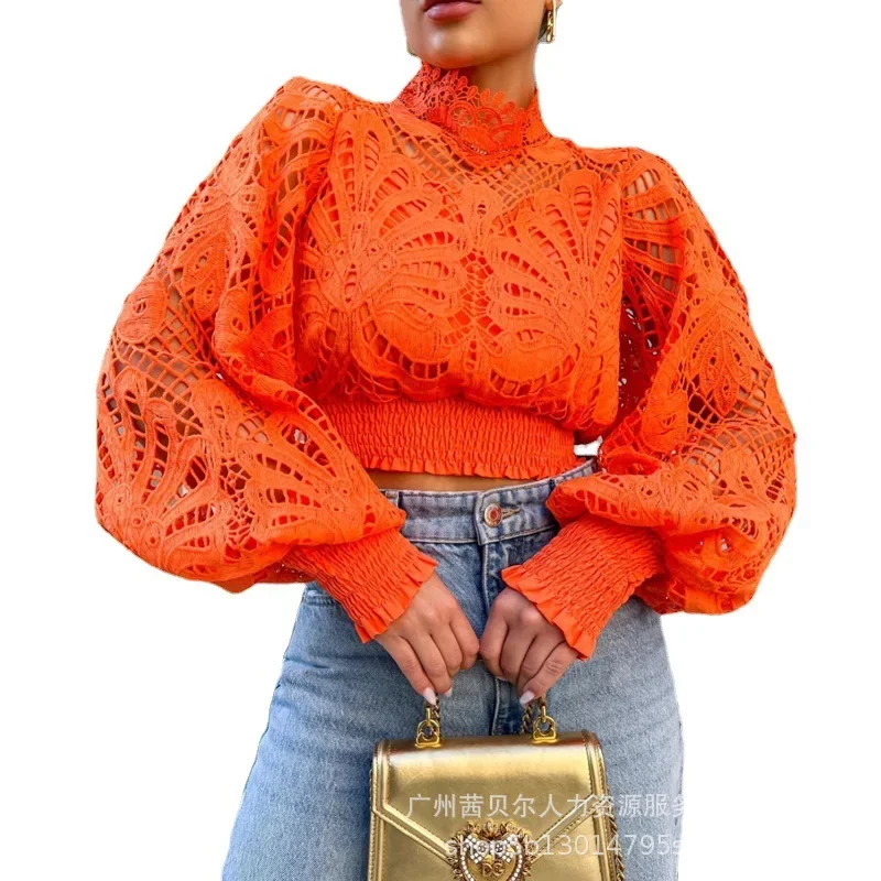 2023 New Orange Lace Hollow Top for Women