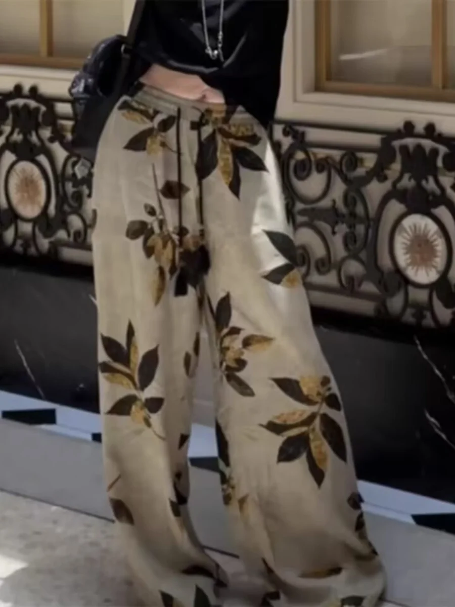 High-End Nieuwe Chinese Sle Gedrukte Lange Broek Zomer Drapey Losse Wijde Pijpen Casual Broek voor Vrouwen Woon-werk Etnische Trend