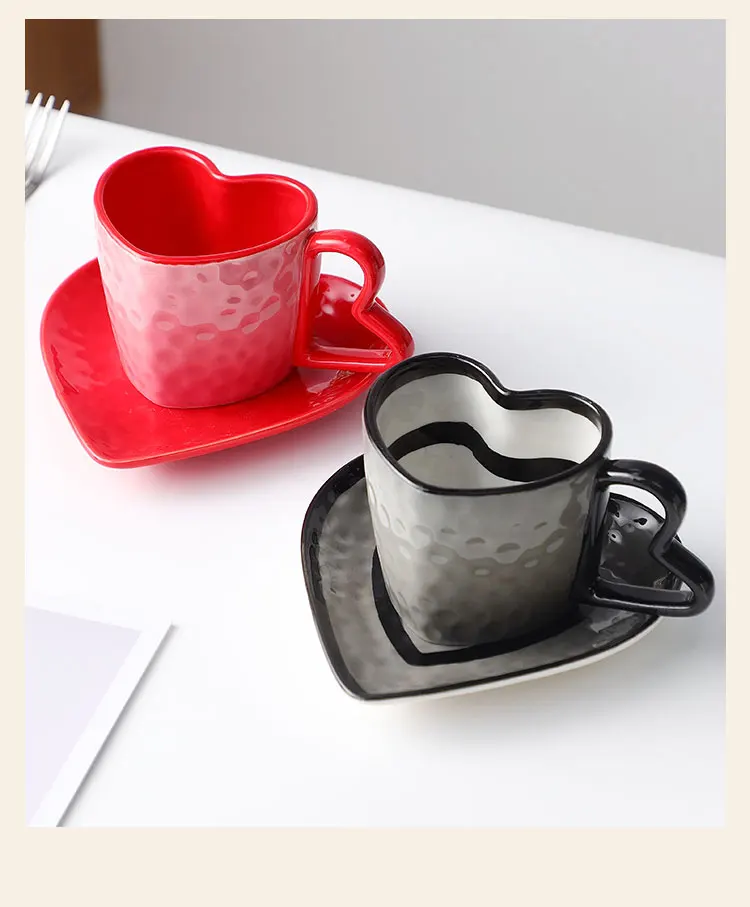 300ml Couple Heart-Shaped Coffee Cup and Saucer Set for Home Afternoon Tea/Ceramic Hand-draw Mug Set, Gift for Women
