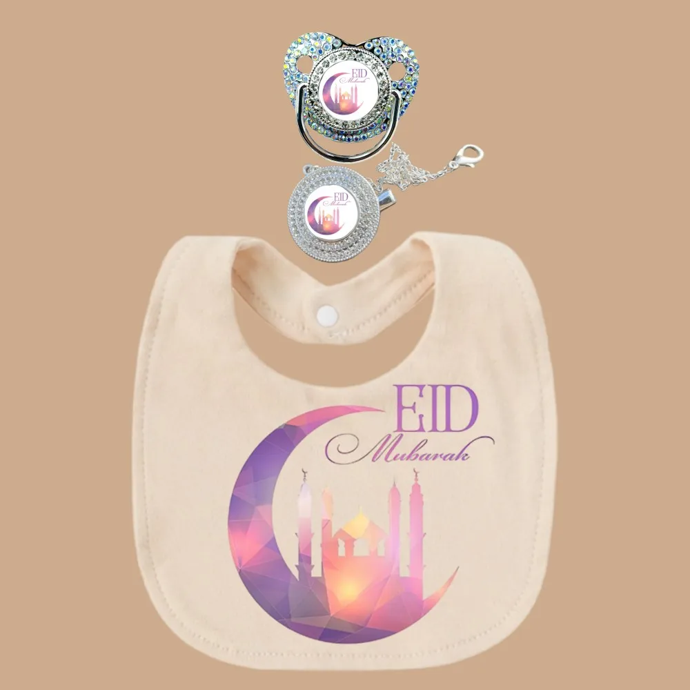 Ramadan Eid Muslim Print Newborn Pacifier Baby Chain Clip Toddler Feeding Bib 3 Piece Set Islamic Soother Dummy Silicone