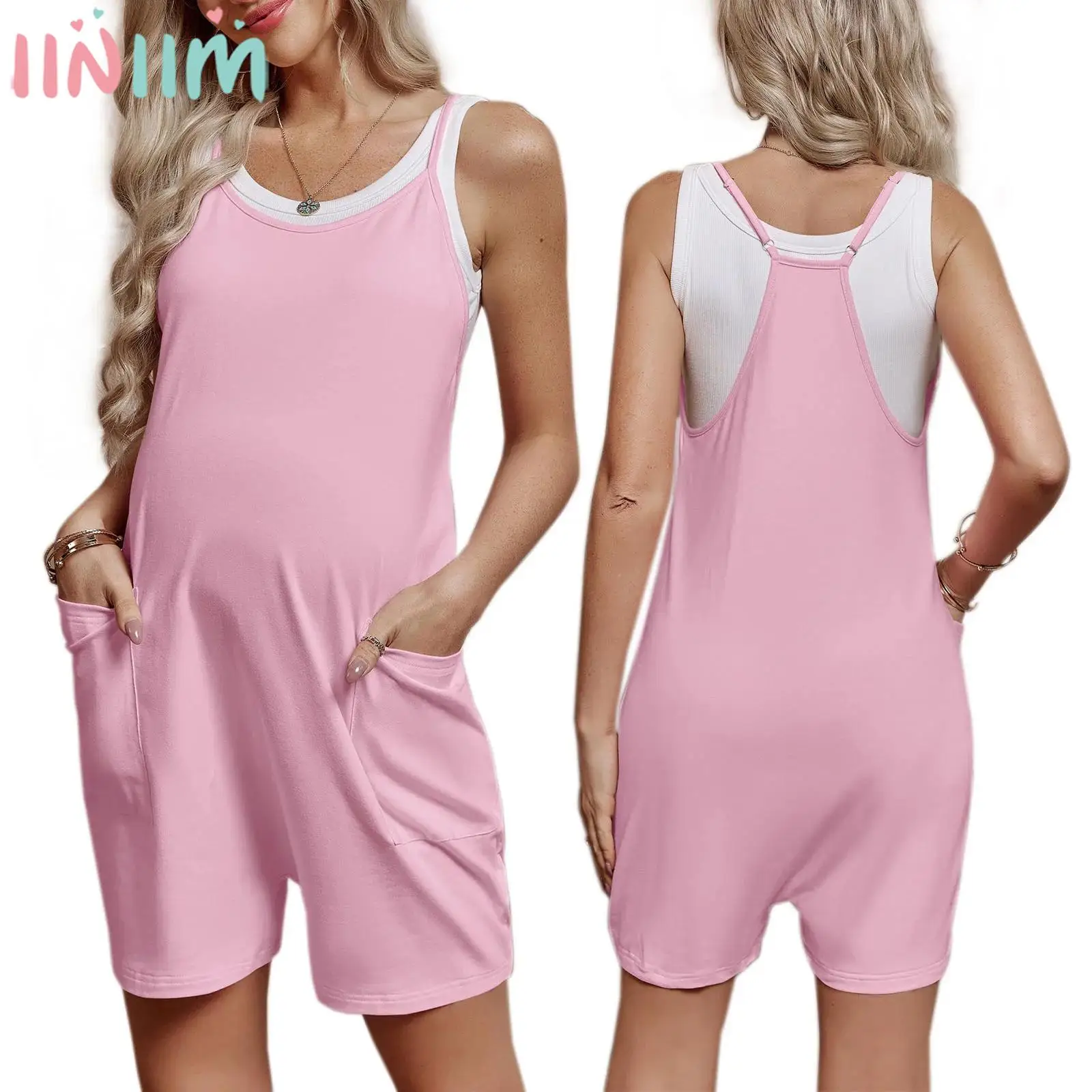 

Maternity Summer Casual Overalls Shorts Sleeveless Stretchy Jumpsuit Romper with Pocket for Daily Street Wear Homewear Sleepwear