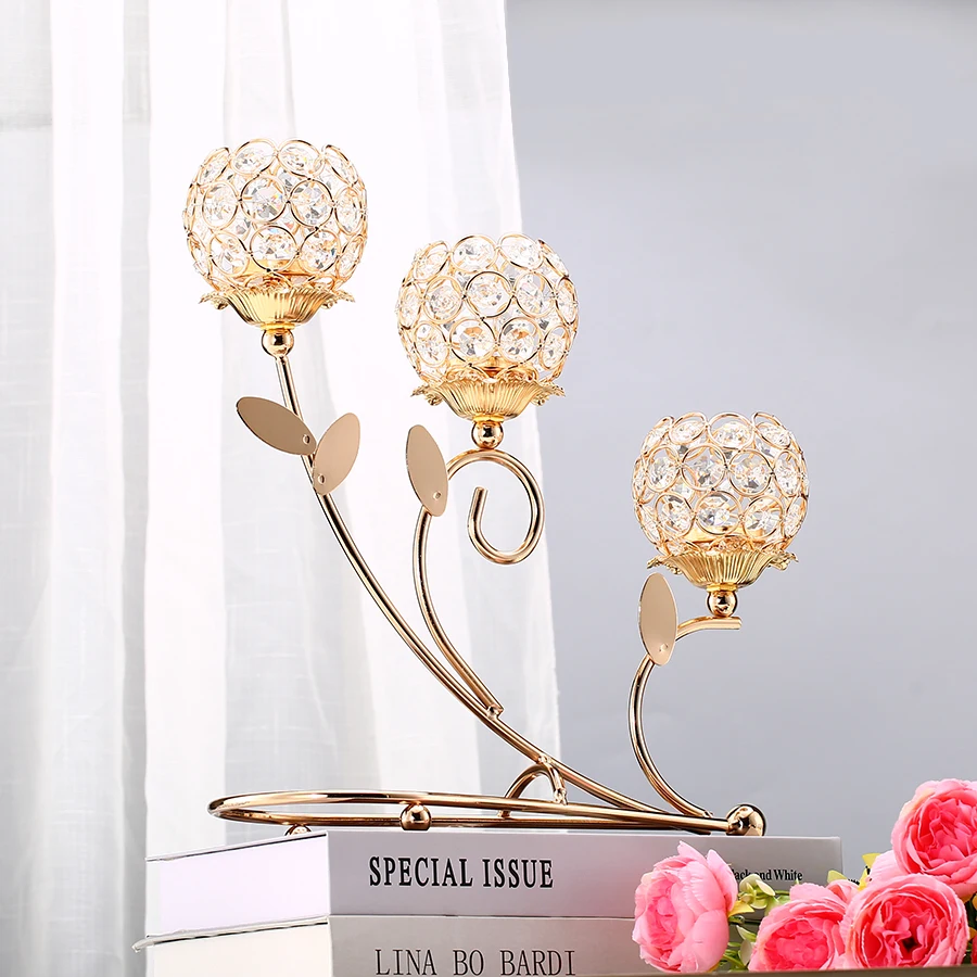 1pc 3 Arms Golden Metal Candle Holder Votive Candle Holder Candelabra Flower Vase, Vintage Candlestick for Table Centerpiece