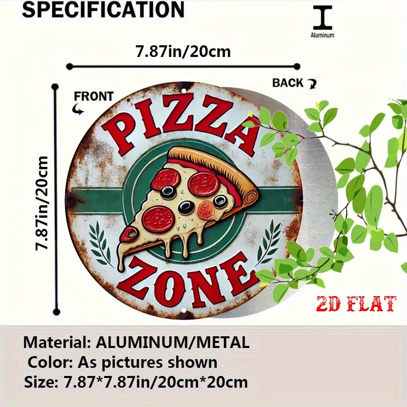 2D Flat, 2D Flat 1pc Dining Room 7.87X7.87 Round Sign, Pizza Slice Round Sign, Fun Decor Metal Sign -  Design Rustic Metal Wall