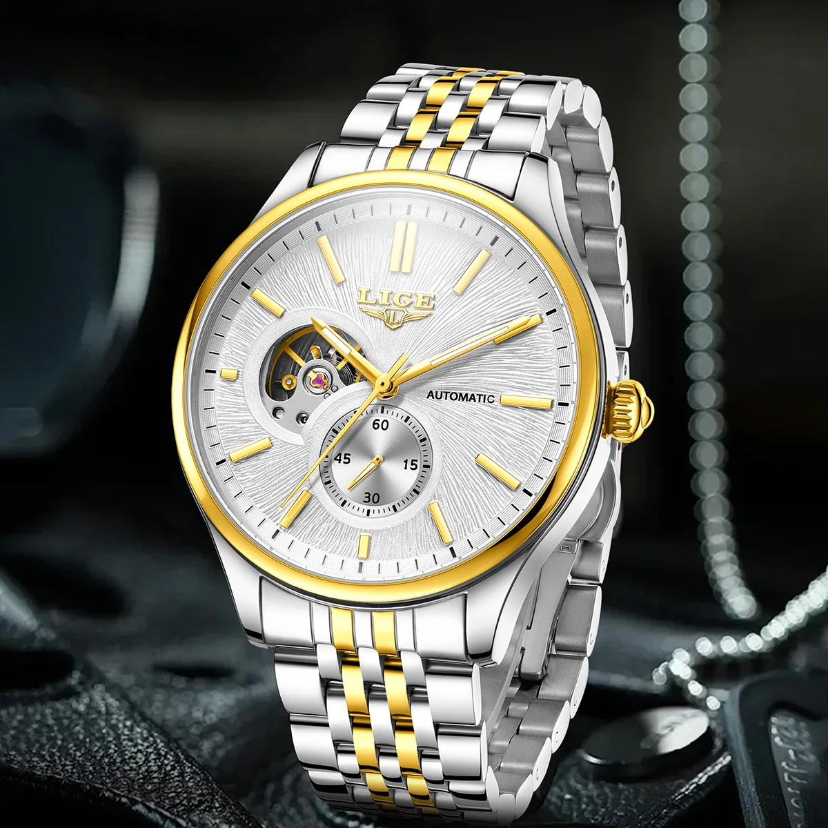 

New LIGE Men Watch Original Arched Glass Hollowed Mechanical Mens Watches Waterproof Minimalist Luxury Automatic Watch for Man