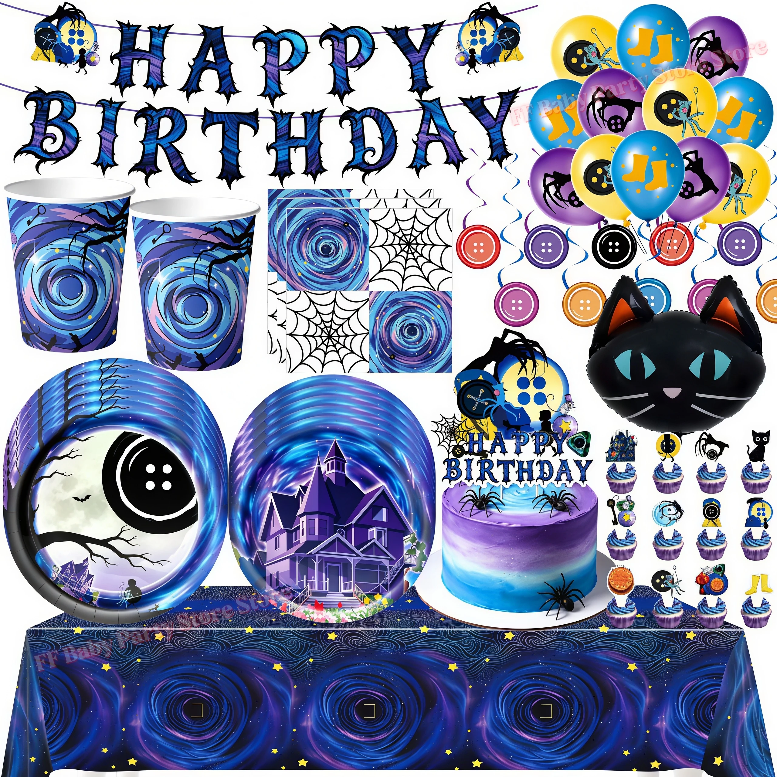 Ensemble de vaisselle de fête d'anniversaire C&Coralined, gobelets, assiettes, ballons, accessoires photo, décorations d'Halloween, fournitures pour baby shower