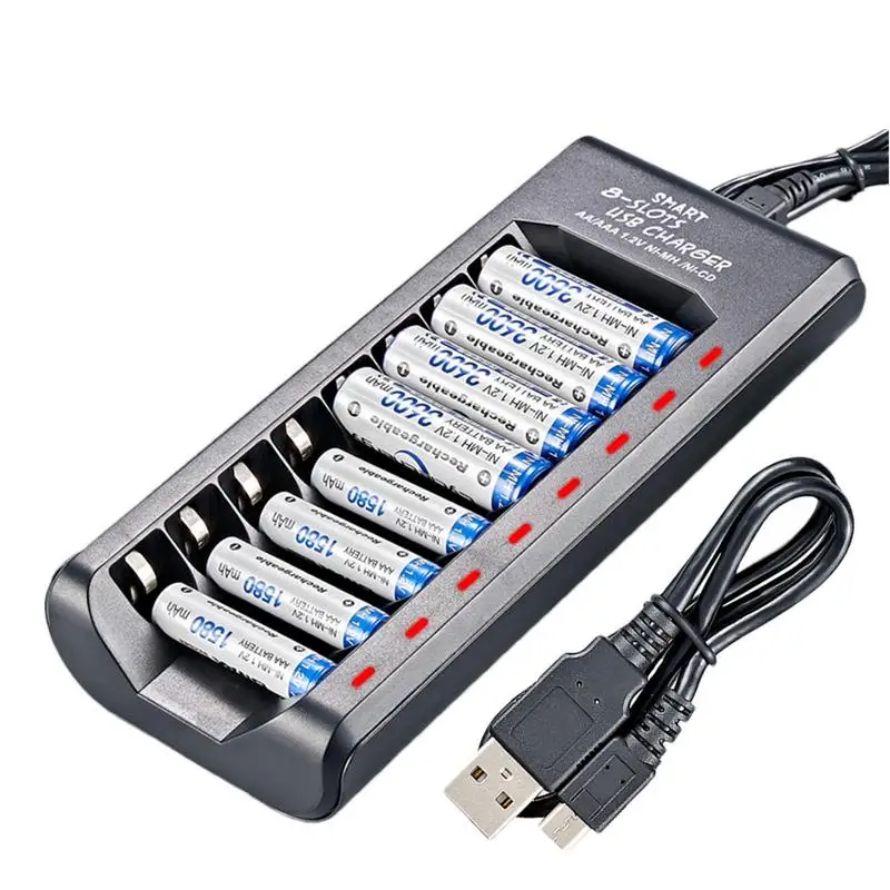 LED 8 Slot AAA AA Battery Charger Fast Charging Function Smart USB Battery Charger For Ni-MH Rechargeable Batteries With