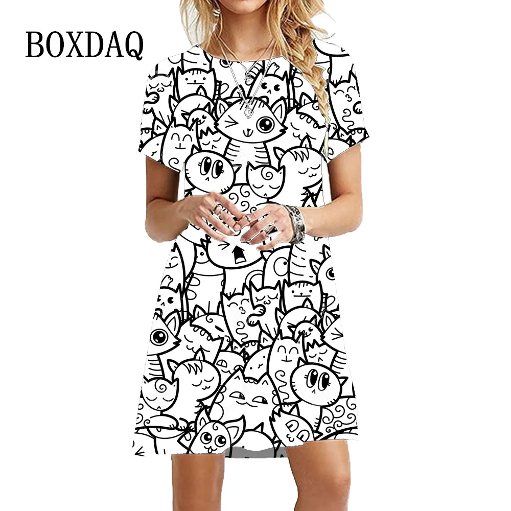 2023 New Fashion Funny Cute Painting Cats Dress Women Kawaii Short Sleeve Casual Dress Oversized Summer Ladies Loose Clothing