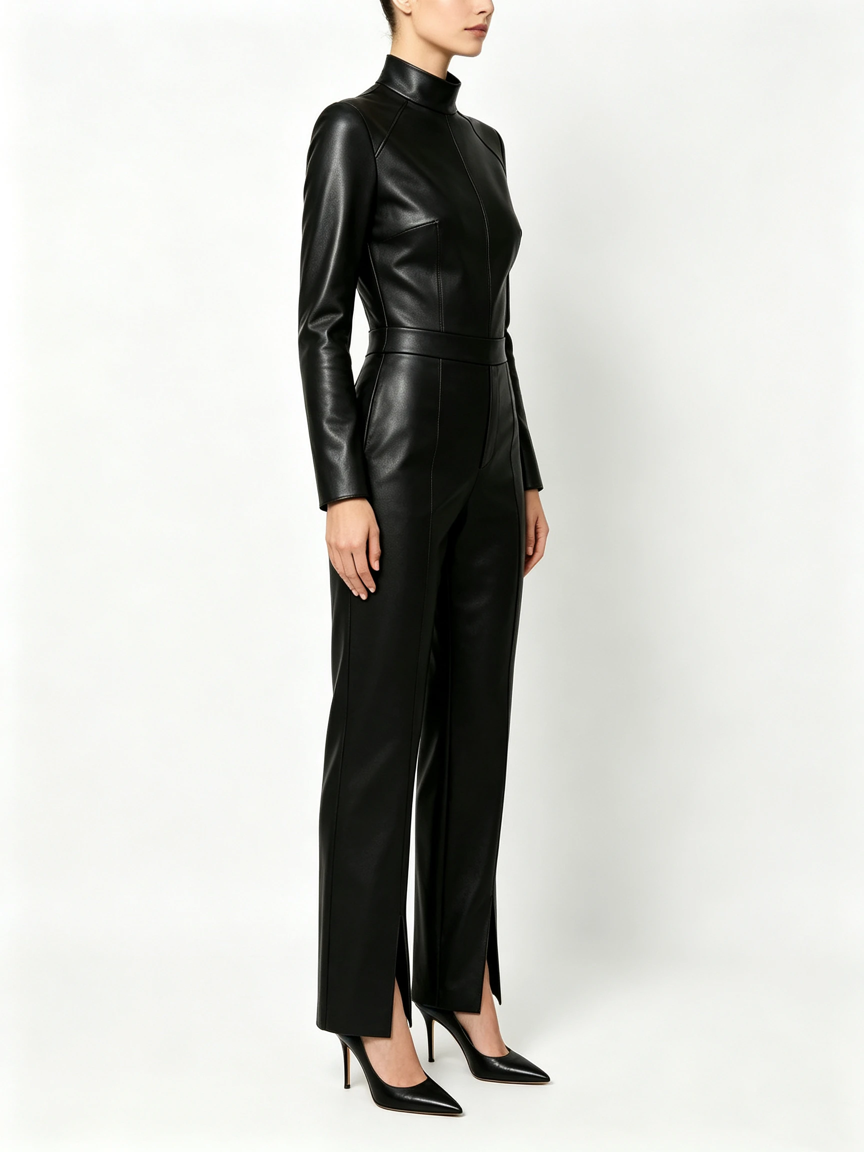 Women's Faux Leather High Neck Jumpsuit with Front Slit Flared Legs and Long Sleeves