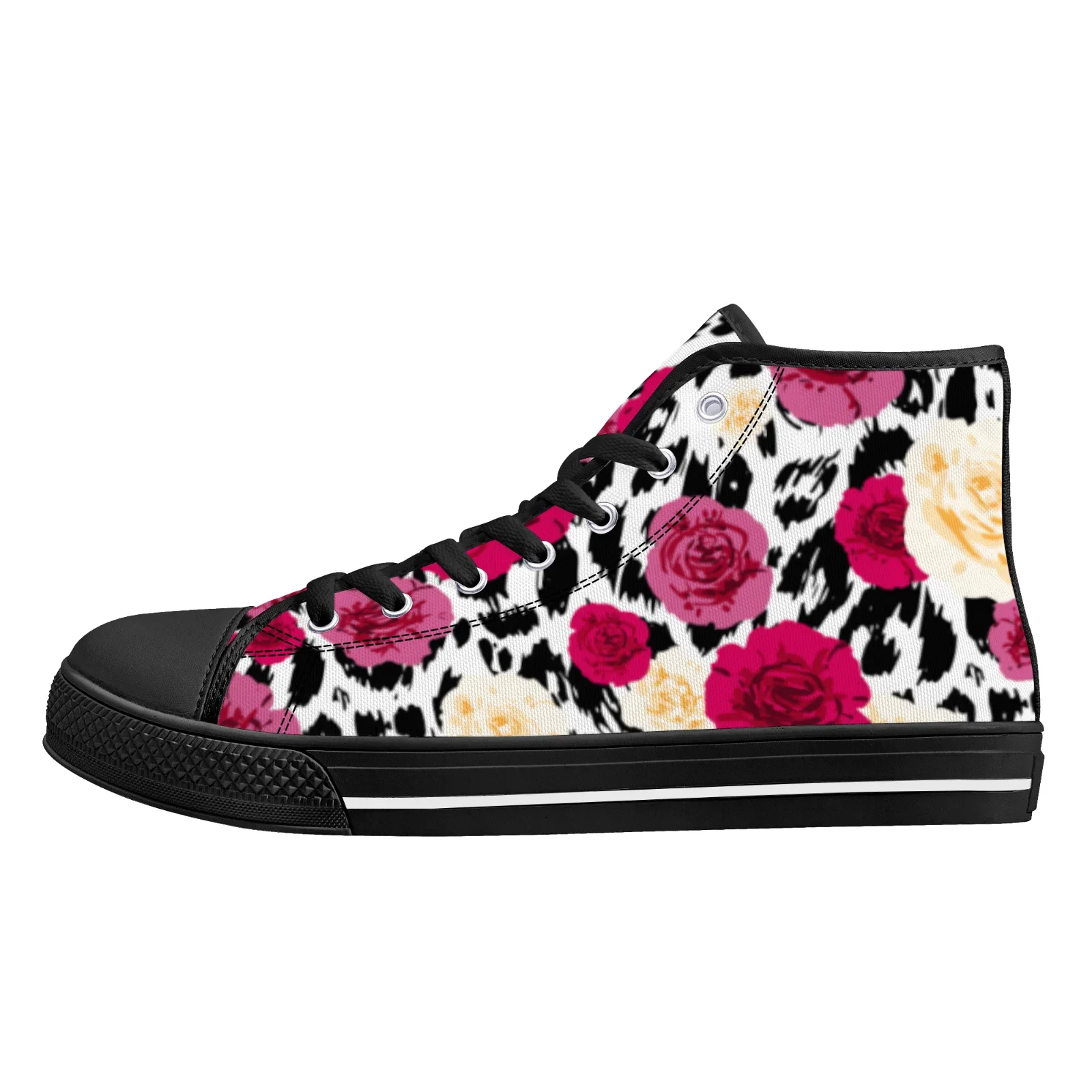 Leopard  rose print classic red high-top canvas shoes with l are flat and suitable for men and women view 2