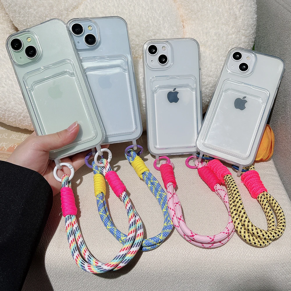 Weiche Lanyard Strap Seil Fall Für iPhone 17 Pro Max Fundas iPhone 16 15 14 13 12 11 XR XS X 6 7 8 Plus Brieftasche Karte Halter Abdeckungen