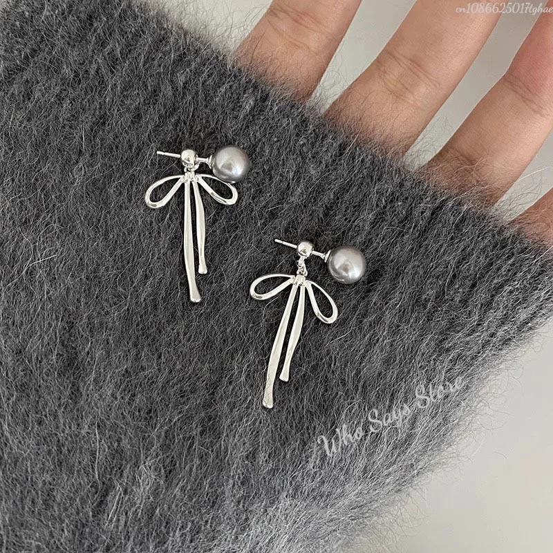 Korea Elegant Earrings Women Simple Bow Grey Pearl Long Dangle Earrings for Women Fashion Sweet Metal Jewelry Party Gifts